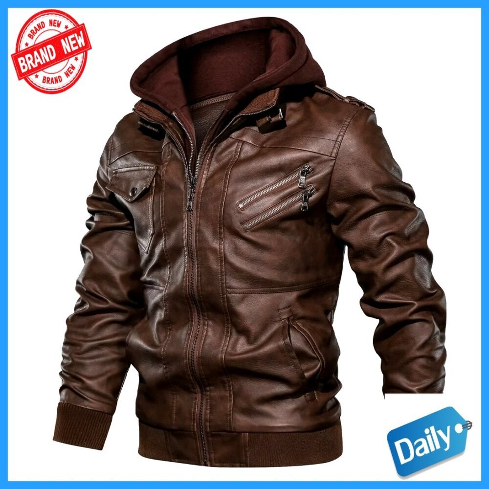 Faux Leather Motorcycle Jacket Removable Hood Casual Men's Outerwear Retro Chic